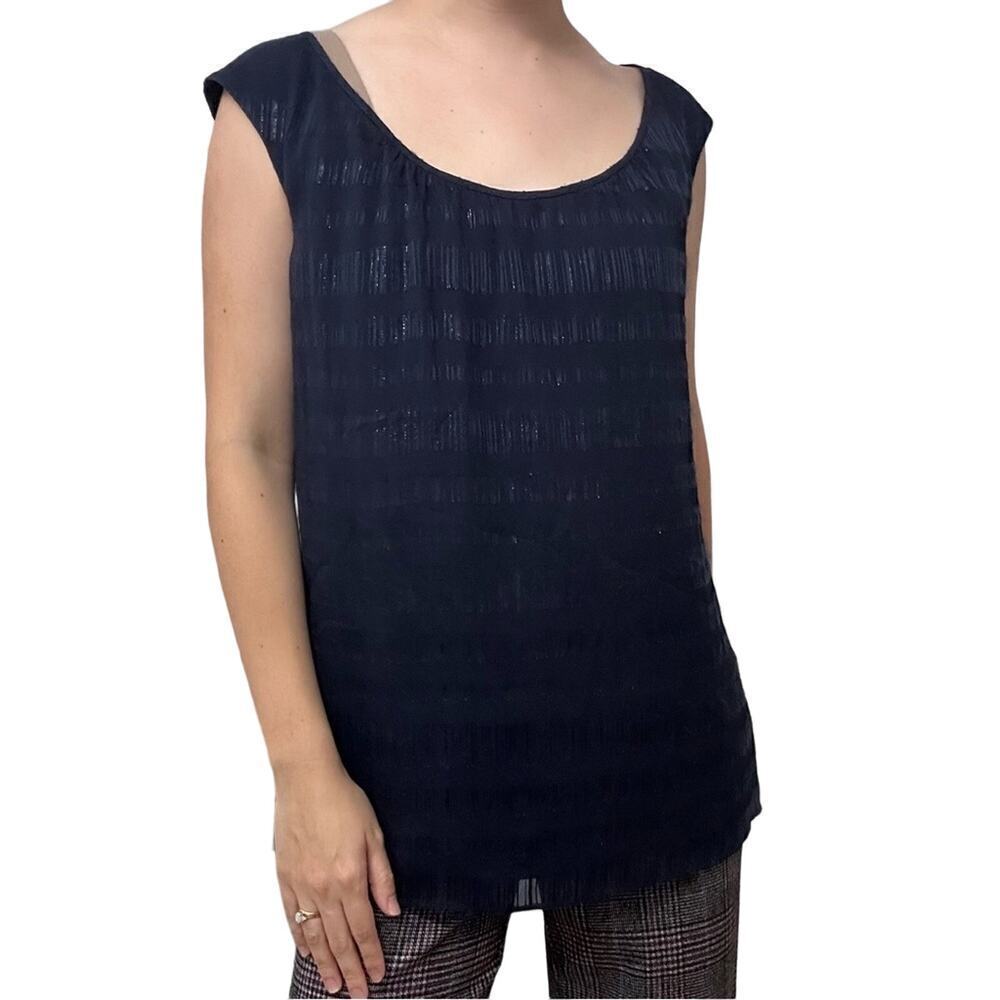 St. John Blouse Sleeveless Silk Blue Striped Metallic Designer Size Medium